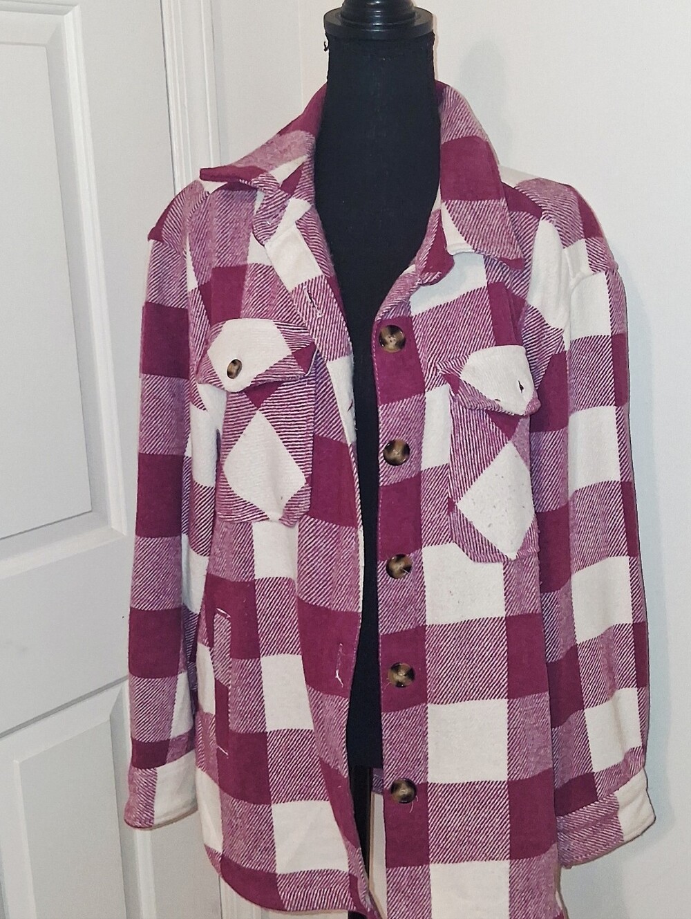 Womens Plaid Button-Up Jacket - Cream & Berry